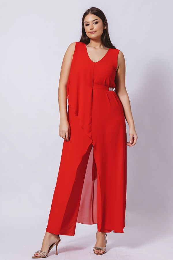 Ολόσωμη φόρμα με στρας ζώνη σε κόκκινο χρώμα