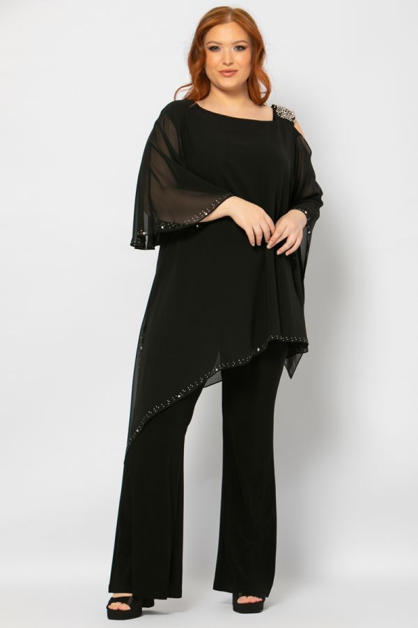 Ολόσωμη φόρμα με μουσελίνα και πέρλες στον ώμο σε μαύρο χρώμα