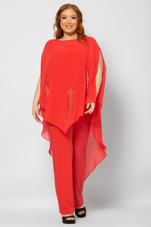 Ολόσωμη φόρμα με τούλι και σχέδιο φτερά με στρας σε κόκκινο χρώμα 1xl 2xl 3xl 4xl 5xl 