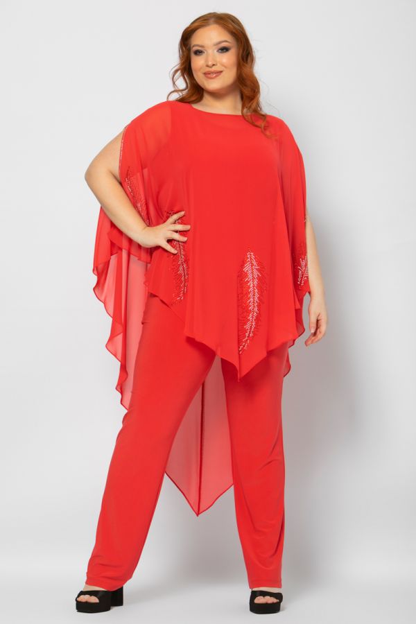 Ολόσωμη φόρμα με τούλι και σχέδιο φτερά με στρας σε κόκκινο χρώμα 1xl 2xl 3xl 4xl 5xl 