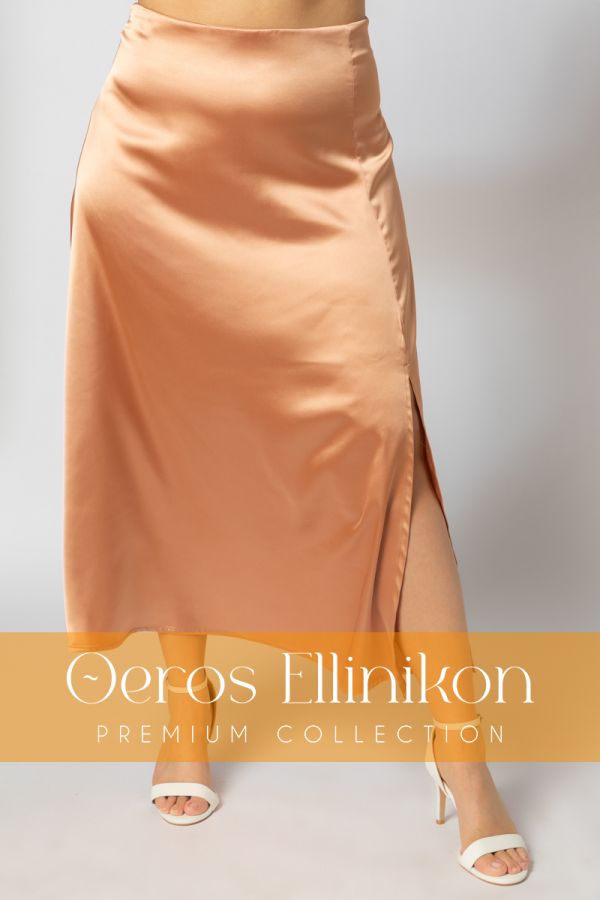 Maxi σατέν φούστα -Θeros Εllinikon- σε nude χρώμα | Premium Collection