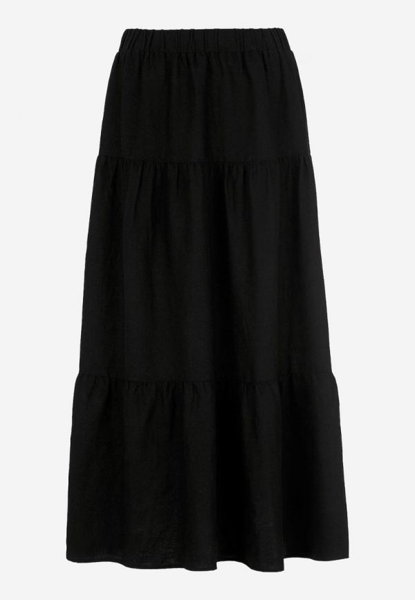Maxi λινή φούστα με βολάν σε μαύρο χρώμα