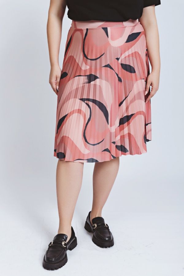 Midi πλισέ φούστα με print σε σομόν χρώμα 