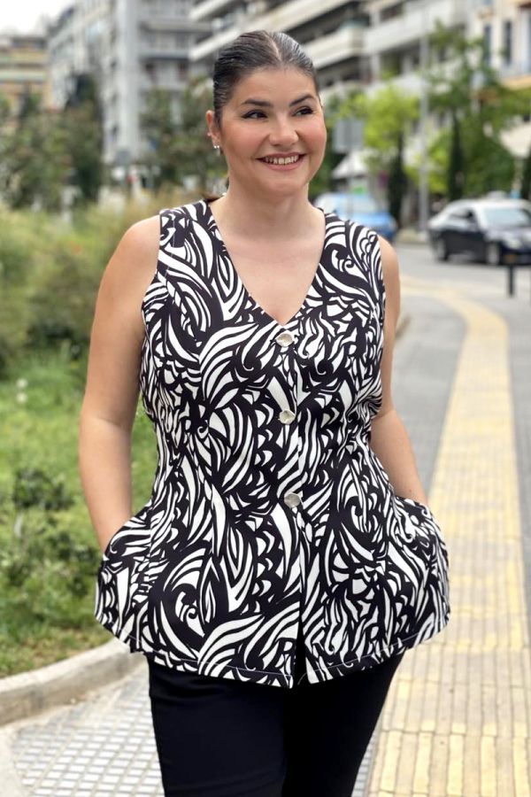 Μακρύ εμπριμέ γιλέκο με ασημί κουμπιά σε τύπος χρώμα