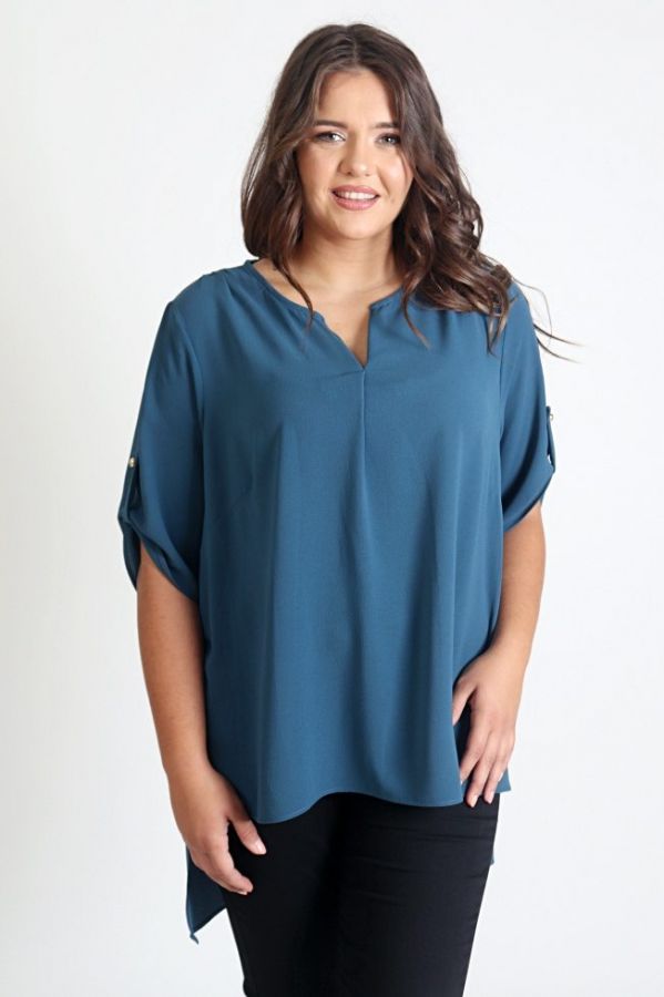 Hi-Lo μπλούζα με κουφόπιετα και μανίκι με δέσιμο σε πετρόλ χρώμα