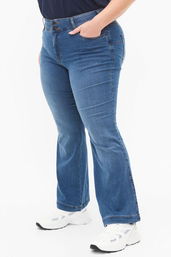 Jean παντελόνι καμπάνα με δύο κουμπιά σε denim blue χρώμα 1xl 2xl 3xl 4xl 5xl 