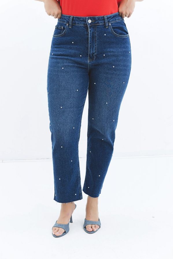Jean παντελόνι με στρας σε dark denim blue χρώμα