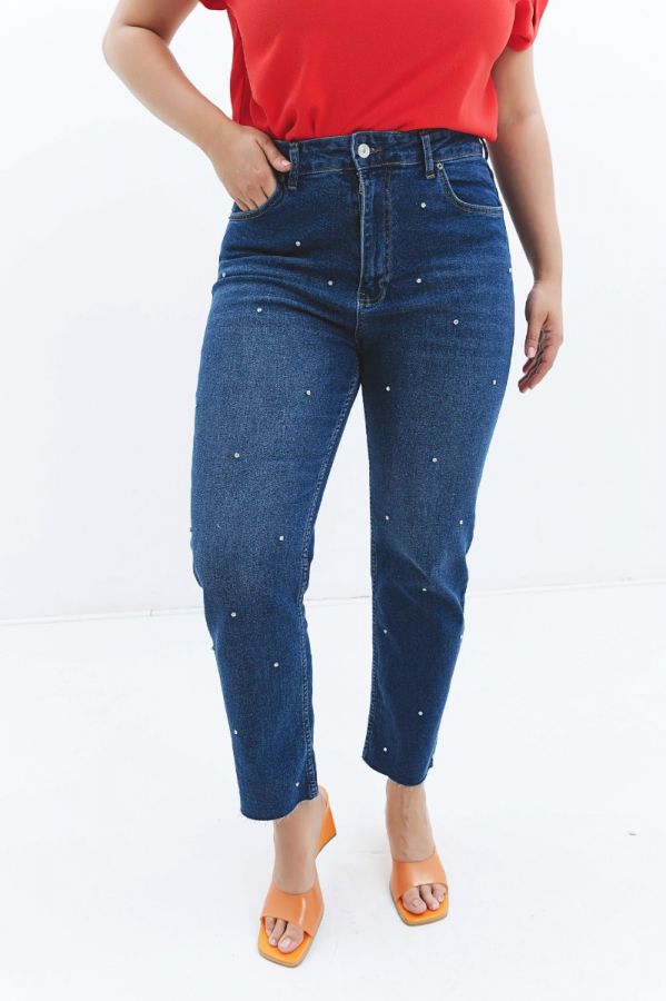 Jean παντελόνι με στρας σε dark denim blue χρώμα