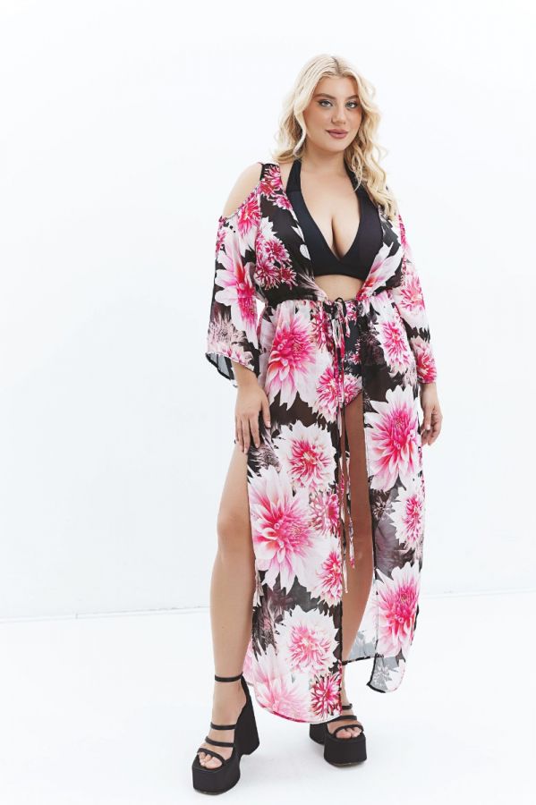 Floral καφτάνι με cut-out μανίκια σε μαύρο/ροζ χρώμα