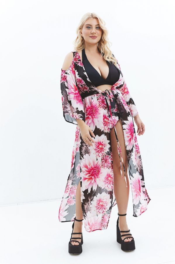 Floral καφτάνι με cut-out μανίκια σε μαύρο/ροζ χρώμα