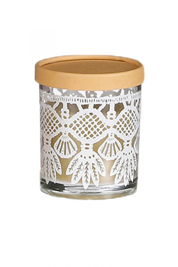 Αρωματκό κερί σε γυάλινο βαζάκι με καπάκι και σχέδιο σε εκρού χρώμα Υ: 11cm