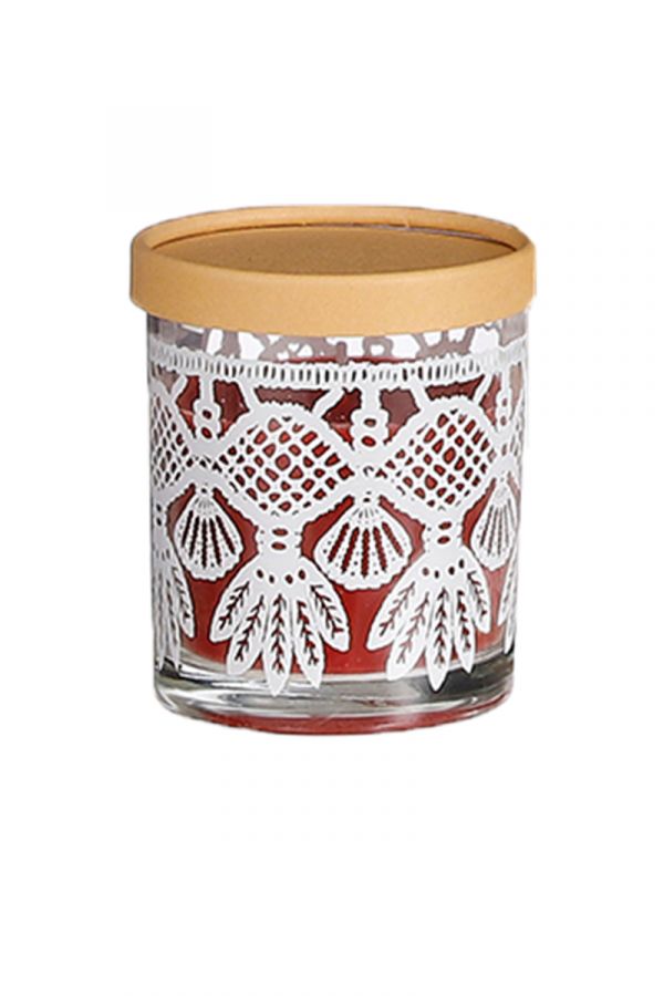 Αρωματκό κερί σε γυάλινο βαζάκι με καπάκι και σχέδιο σε κόκκινο χρώμα Υ: 11cm