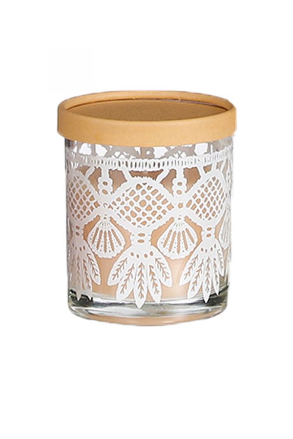 Αρωματκό κερί σε γυάλινο βαζάκι με καπάκι και σχέδιο σε μπεζ χρώμα Υ: 11cm