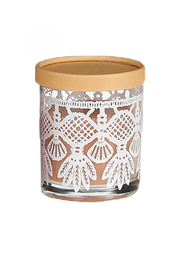 Αρωματκό κερί σε γυάλινο βαζάκι με καπάκι και σχέδιο στο χρώμα της πούδρας Υ: 11cm