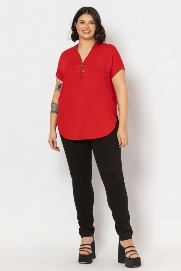 Κοντομάνικη μπλούζα με φερμουάρ στο V σε κόκκινο χρώμα 1xl 2xl 3lx 4xl 5xl 