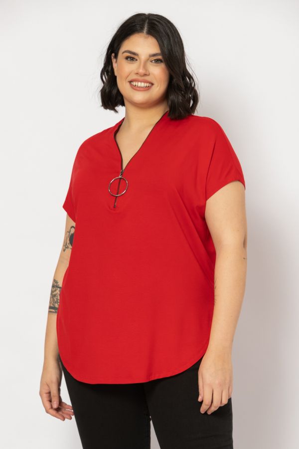 Κοντομάνικη μπλούζα με φερμουάρ στο V σε κόκκινο χρώμα 1xl 2xl 3lx 4xl 5xl 