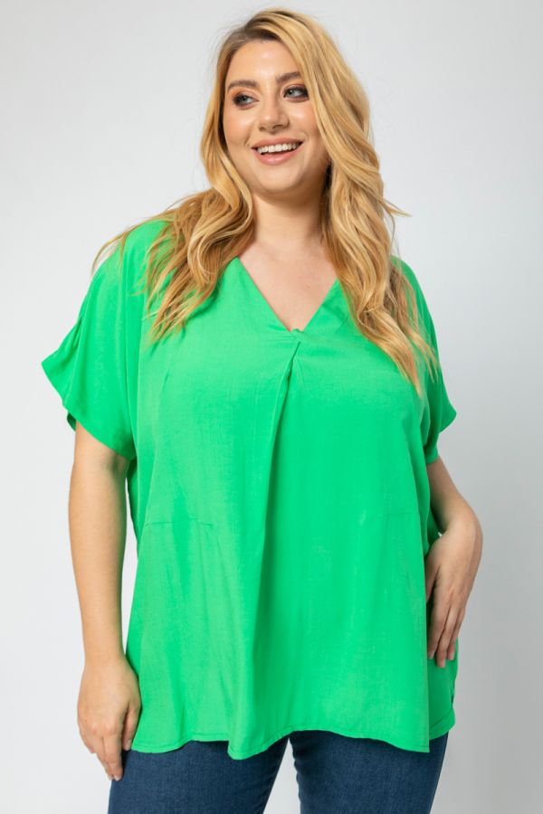 Κοντομάνικη μπλούζα με πιέτα στο V σε πράσινο χρώμα 1xl 2xl 3xl 4xl 5xl 