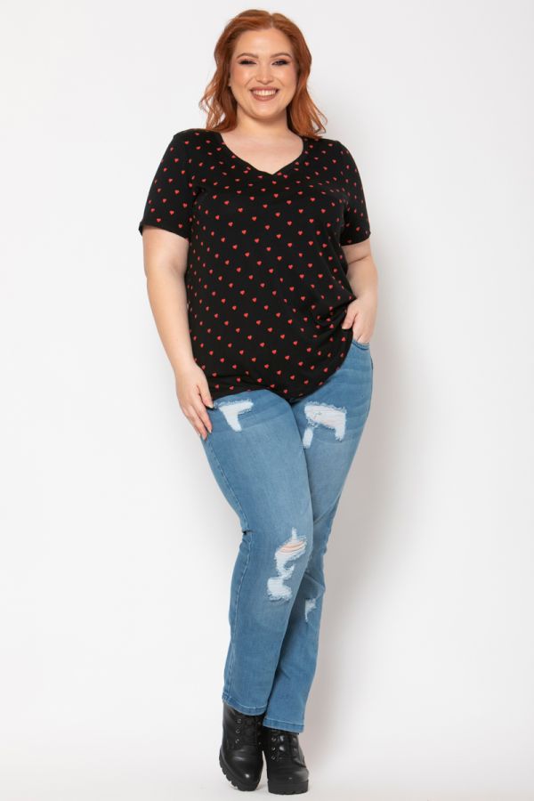 Κοντομάνικη μπλούζα με τύπωμα καρδούλες σε μαύρο χρώμα 1xl 2xl 3xl 4xl 5xl 