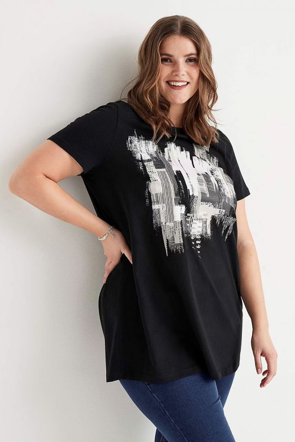Κοντομάνικο μπλουζοφόρεμα με τύπωμα σε μαύρο χρώμα 1xl 2xl 3xl 4xl 5xl 