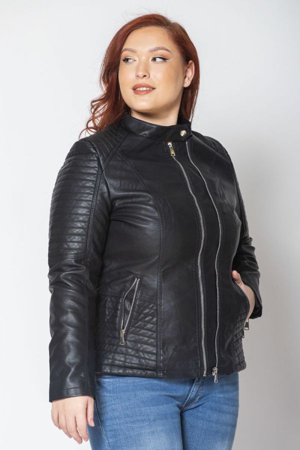 Leather-like jacket με διπλό φερμουάρ και μαο γιακά σε μαύρο χρώμα 