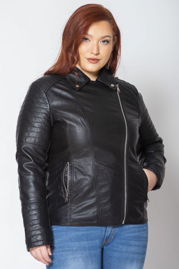 Leather-like jacket με λεπτομέρεια στον ώμο και στα μανίκια σε μαύρο χρώμα 