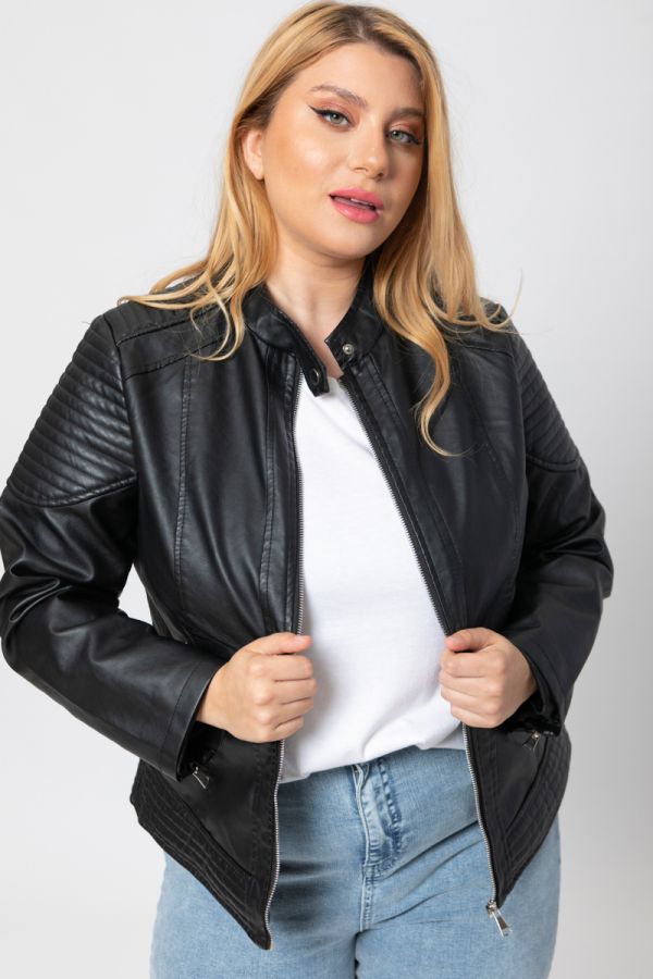 Leather-like jacket με μάο γιακά σε μαύρο χρώμα