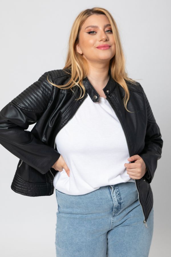 Leather-like jacket με μάο γιακά σε μαύρο χρώμα 1xl,2xl,3xl,4xl,5xl