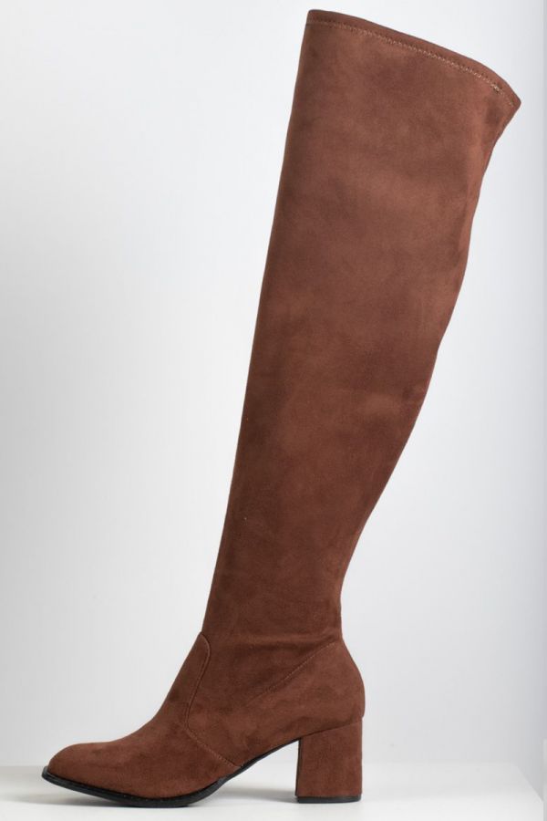 Leather-like καστόρινη μπότα over the knee με φαρδιά γάμπα σε ταμπά χρώμα 