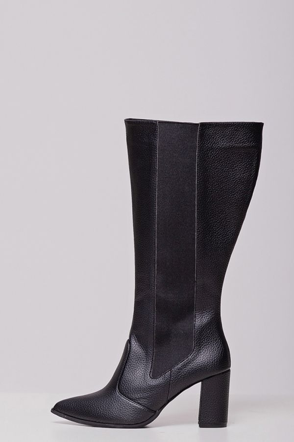 Leather-like μπότα με φαρδιά γάμπα και τακούνι σε μαύρο χρώμα