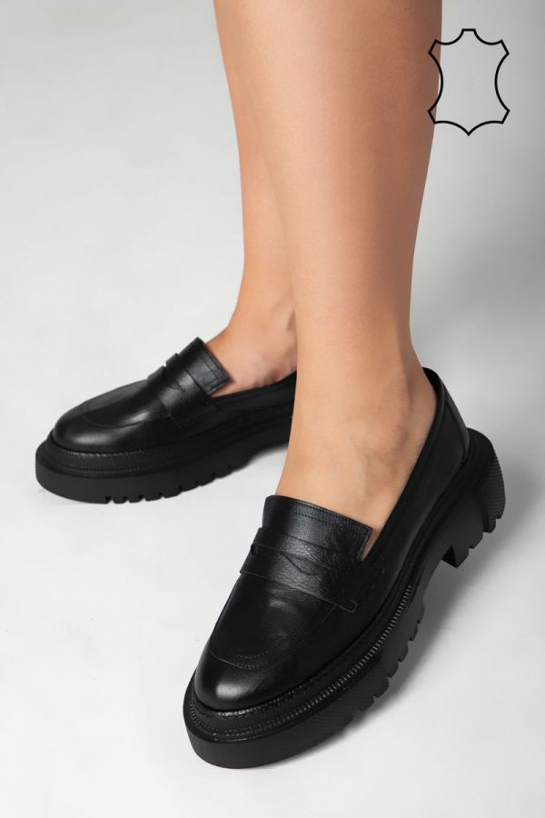 Leather loafer wide fit σε μαύρο χρώμα