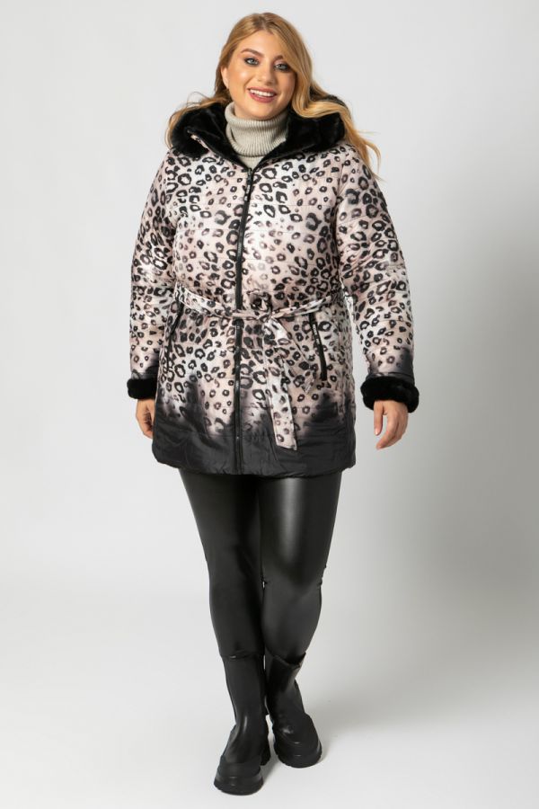 Leopard double-face μπουφάν με ζώνη σε μαύρο/μπεζ χρώμα