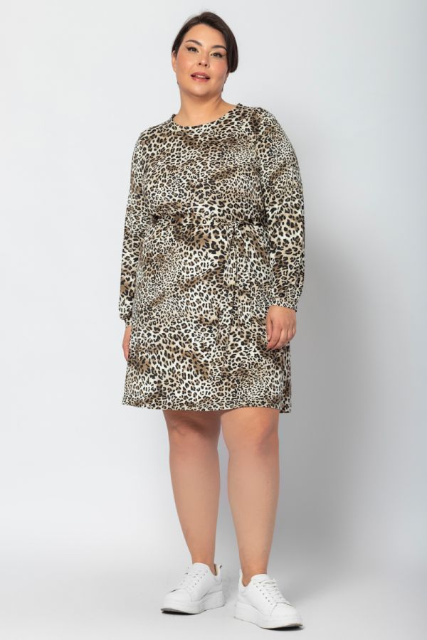 Leopard mini φόρεμα με ζώνη και balloon μανίκι