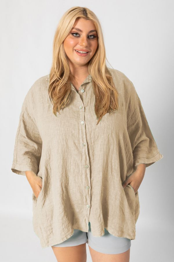 Λινή oversized πουκαμίσα σε μπεζ χρώμα