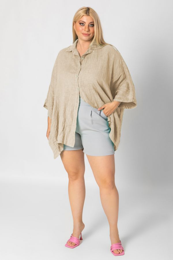 Λινή oversized πουκαμίσα σε μπεζ χρώμα