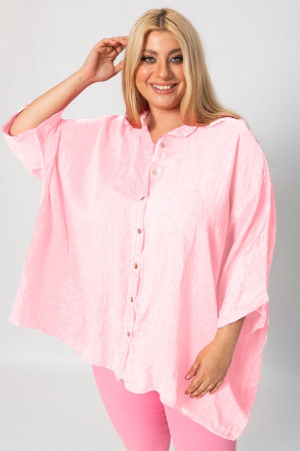 Λινή oversized πουκαμίσα σε ροζ χρώμα