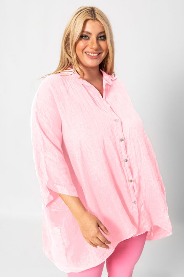 Λινή oversized πουκαμίσα σε ροζ χρώμα