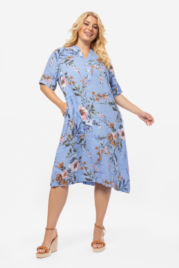 Λινό floral φόρεμα με τσέπες σε γαλάζιο χρώμα