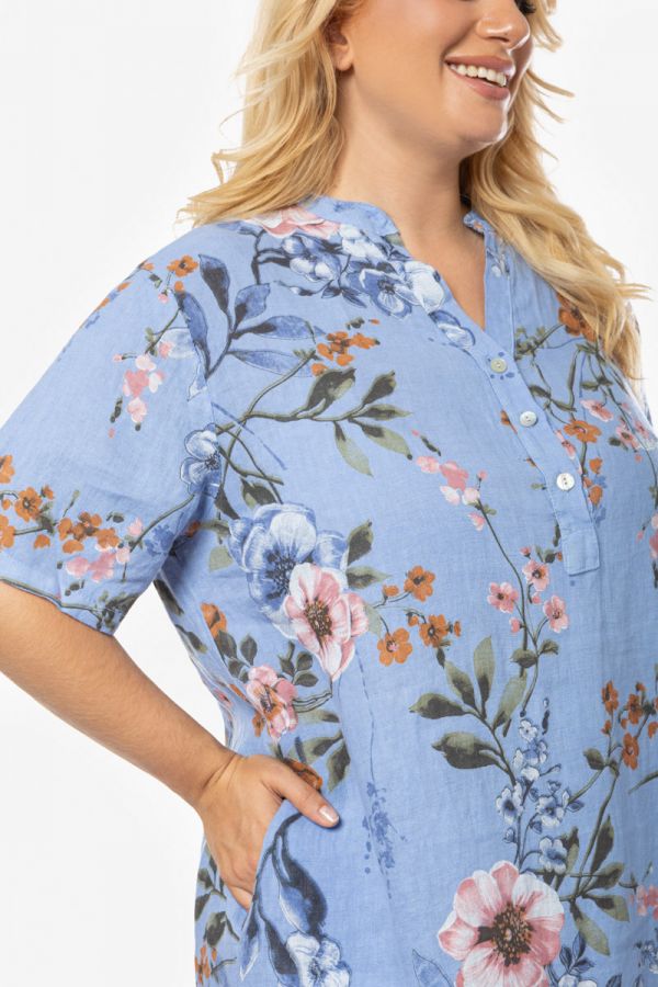 Λινό floral φόρεμα με τσέπες σε γαλάζιο χρώμα