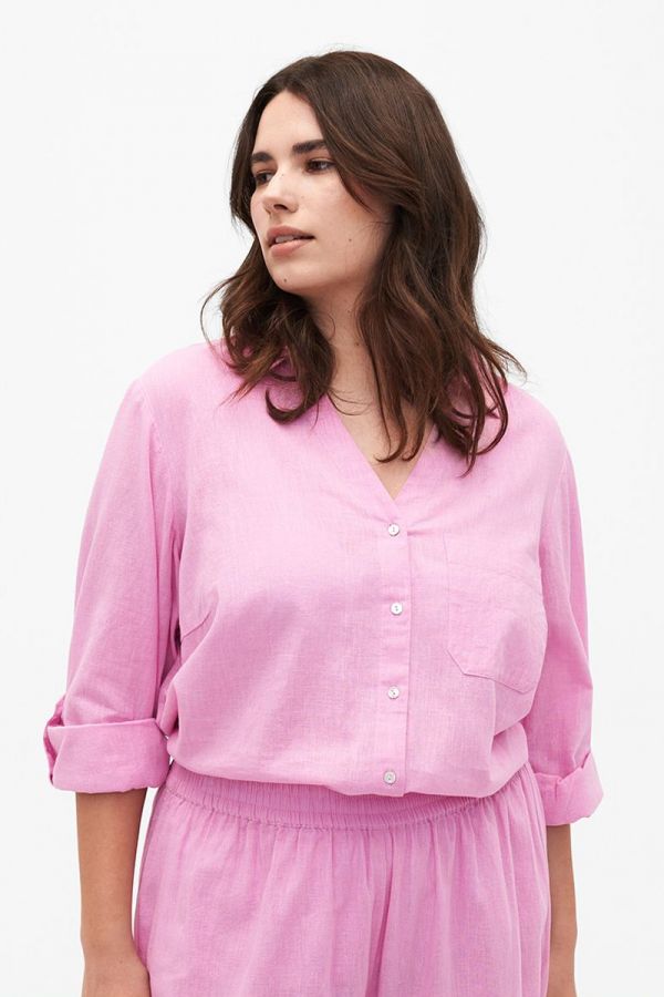 Λινό πουκάμισο με τσέπη σε ροζ χρώμα