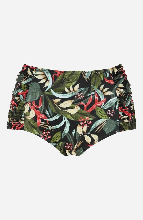 Εμπριμέ ψηλόμεσο bikini-slip με σούρες στο πλάι