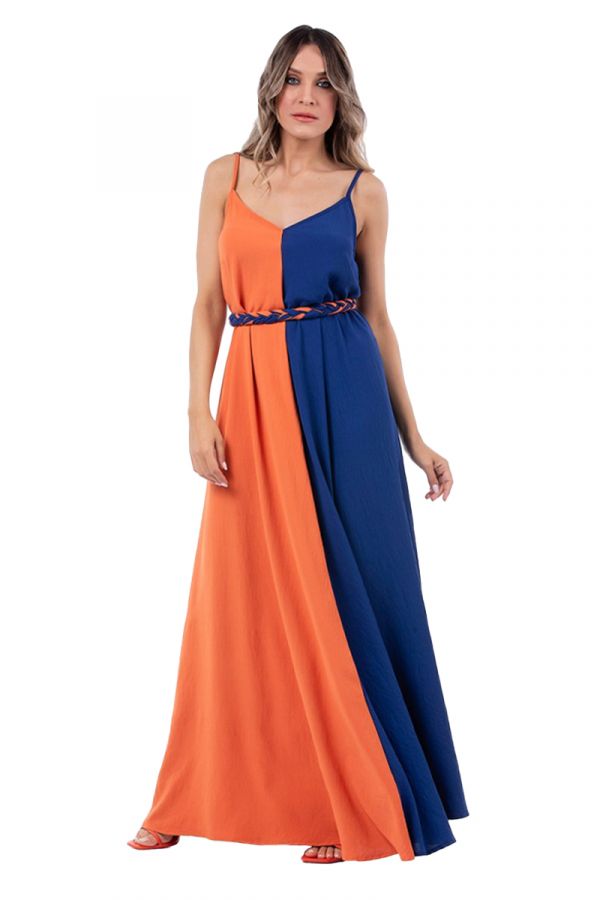 Μακρύ δίχρωμο φόρεμα με ζώνη σε μπλε χρώμα