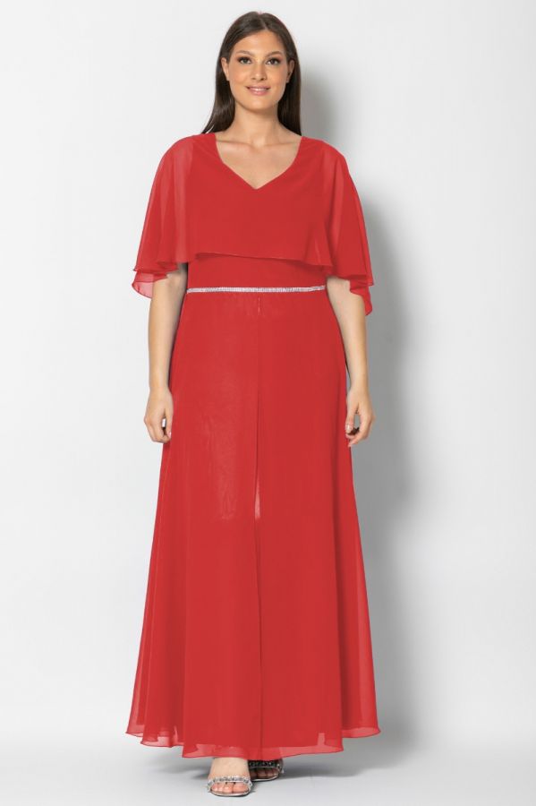 Μακρύ φόρεμα με διπλή μπέρτα και άνοιγμα στο τούλι σε κόκκινο χρώμα