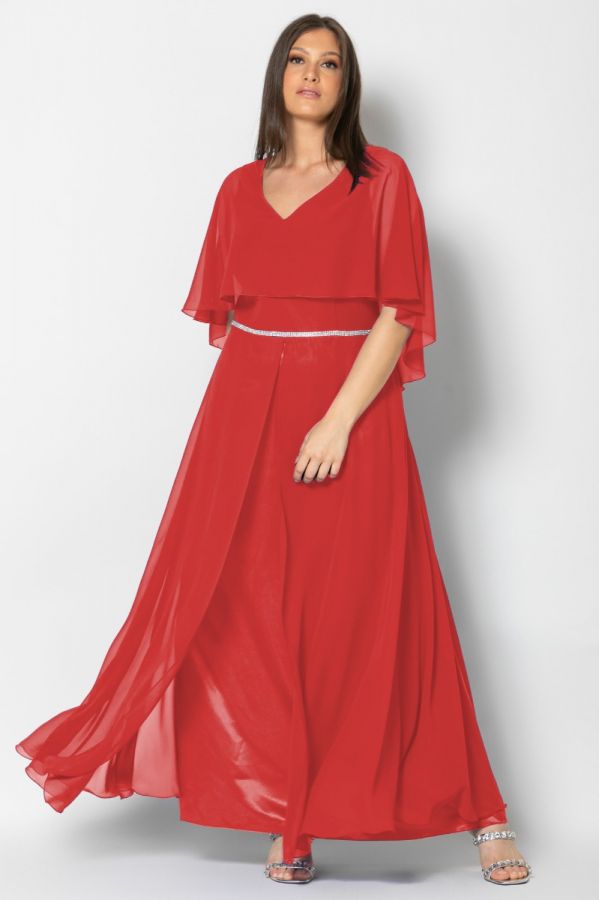 Μακρύ φόρεμα με διπλή μπέρτα και άνοιγμα στο τούλι σε κόκκινο χρώμα