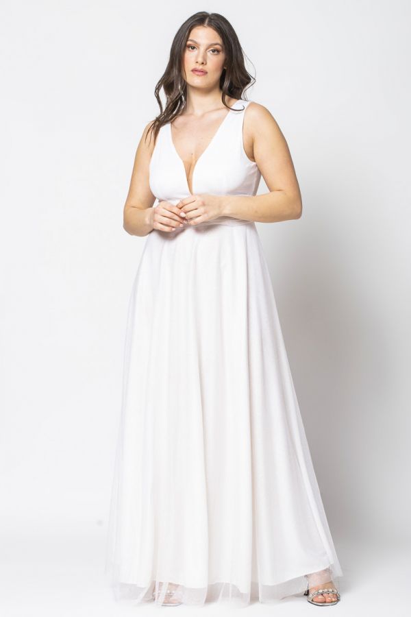 Μακρύ φόρεμα με glitter στο τούλι σε λευκό χρώμα