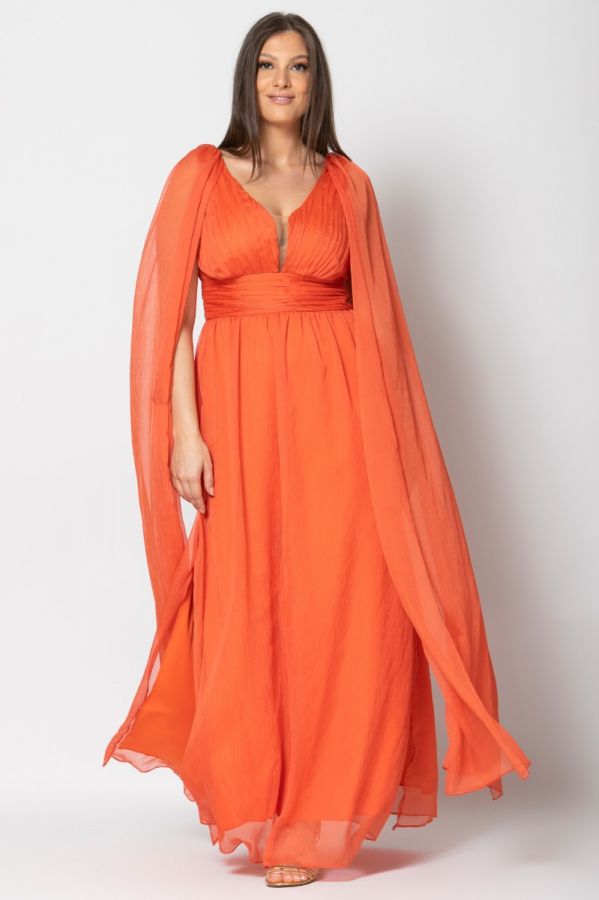 Μακρύ φόρεμα με τούλι στα μανίκια σε πορτοκαλί χρώμα