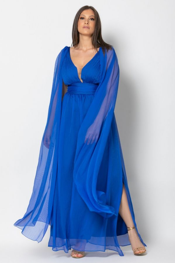 Μακρύ φόρεμα με τούλι στα μανίκια σε ρουά χρώμα