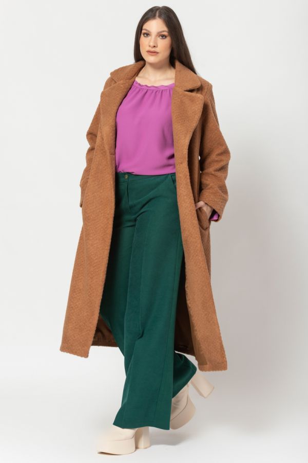 Μακρύ μπουκλέ παλτό με γιακά σε καμηλό χρώμα 1xl,2xl,3xl,4xl,5xl