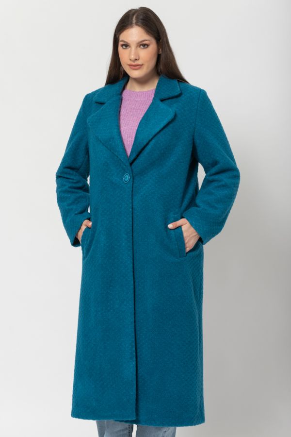 Μακρύ μπουκλέ παλτό με γιακά σε πετρόλ χρώμα