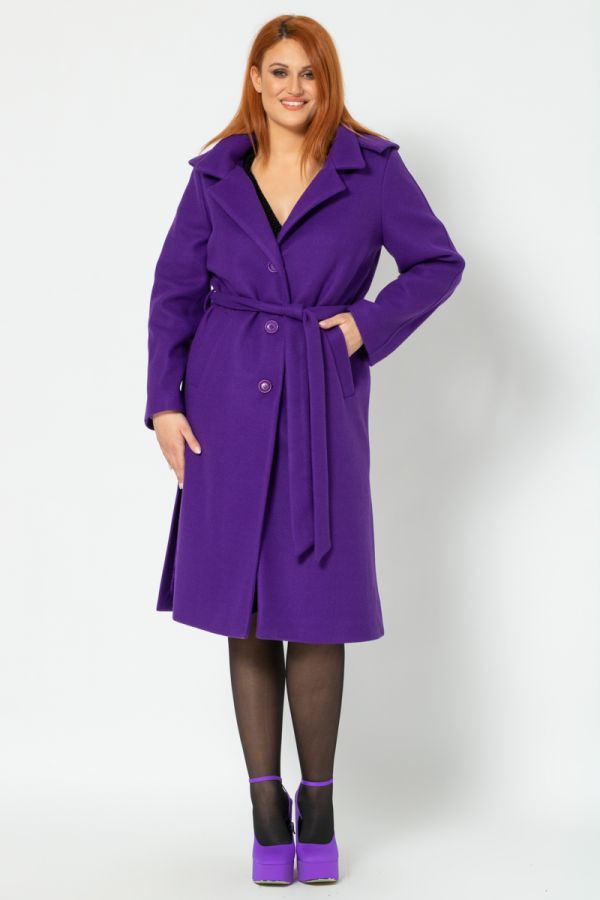 Μακρύ παλτό με κουκούλα σε μωβ χρώμα