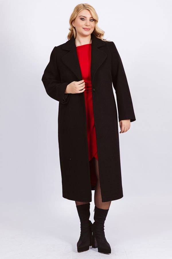 Μακρύ παλτό με μεγάλο πέτο σε μαύρο χρώμα